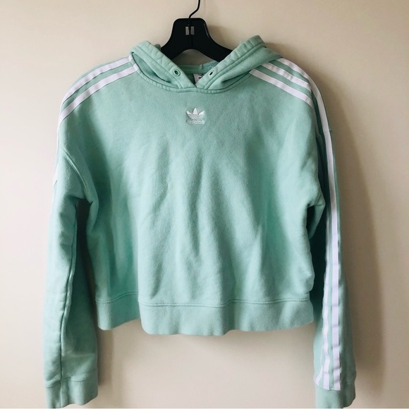 Adidas Cropped Three Stripe Cotton Hoodie Mint Sage Green Embroidered Logo XS - Picture 1 of 6